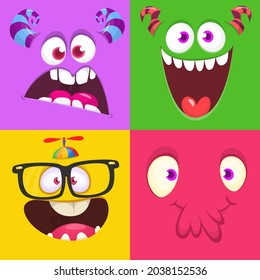 Funny cartoon monster faces emotions set. Illustration of mythical alien creatures different expression. Halloween party design. Great package design. Vector isolated