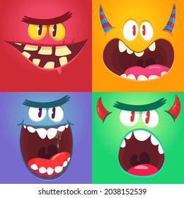 El monstruo de las caricaturas divertidas se enfrenta a las emociones fijadas. Ilustración de criaturas alienígenas míticas con una expresión diferente. Diseño de fiesta de Halloween. Gran diseño de paquetes. Vector aislado