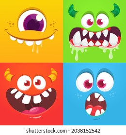 Funny cartoon monster faces emotions set. Illustration of mythical alien creatures different expression. Halloween party design. Great package design. Vector isolated