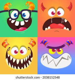 Funny cartoon monster faces emotions set. Illustration of mythical alien creatures different expression. Halloween party design. Great package design. Vector isolated