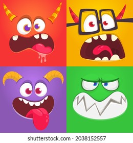 Funny cartoon monster faces emotions set. Illustration of mythical alien creatures different expression. Halloween party design. Great package design. Vector isolated