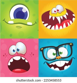 Funny cartoon monster faces. Illustration of  alien different expression. Halloween design. Great for party decoration or package design.