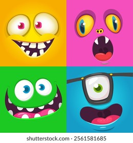 Funny cartoon monster faces. Illustration of alien different expression. Halloween design