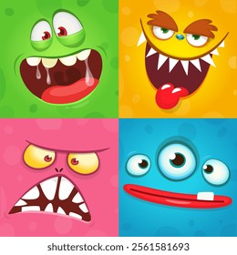 Funny cartoon monster faces. Illustration of alien different expression. Halloween design