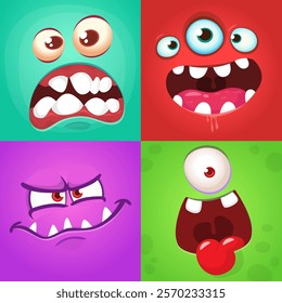 Funny cartoon monster faces. Illustration of alien different expression. Halloween design