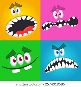 Funny cartoon monster faces. Illustration of alien different expression. Halloween design