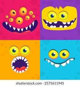 Funny cartoon monster faces. Illustration of alien different expression. Halloween design