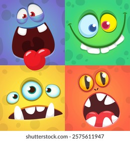 Funny cartoon monster faces. Illustration of alien different expression. Halloween design