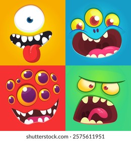 Funny cartoon monster faces. Illustration of alien different expression. Halloween design