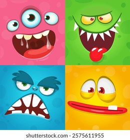 Funny cartoon monster faces. Illustration of alien different expression. Halloween design