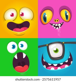 Funny cartoon monster faces. Illustration of alien different expression. Halloween design