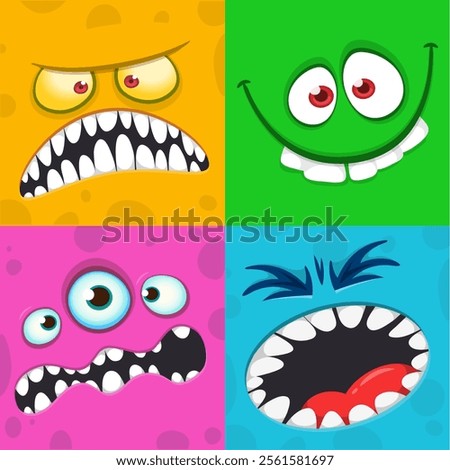 Funny cartoon monster faces. Illustration of alien different expression. Halloween design
