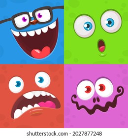 Funny cartoon monster faces set. Illustration of  alien creature different expression. Halloween design. Great for package design