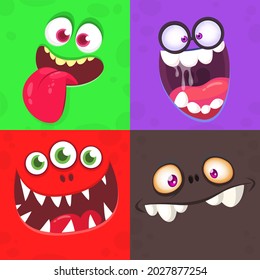 Funny cartoon monster faces set. Illustration of  alien creature different expression. Halloween design. Great for package design