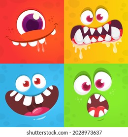 Funny cartoon monster faces set. Illustration of  alien creature different expression. Halloween design. Great for package design