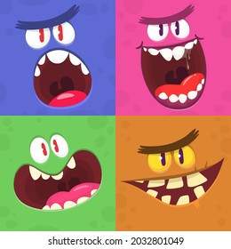 Funny cartoon monster faces set. Illustration of  alien creature different expression. Halloween design. Great for package design