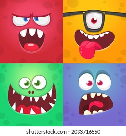 Funny cartoon monster faces set. Illustration of  alien creature different expression. Halloween design. Great for package design