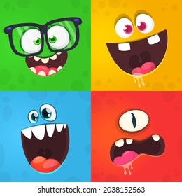 Funny cartoon monster faces set. Illustration of  alien creature different expression. Halloween design. Great for package design