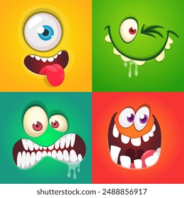 Funny cartoon monster faces set. Illustration of monsters or aliens different expression. Halloween design. Vector isolated