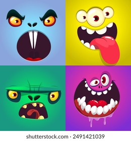 Funny cartoon monster faces set. Illustration of monsters or aliens different expression. Halloween design. Vector isolated