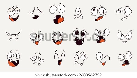 Funny cartoon monster faces set. Hand-drawn doodle emotions with big eyes and fangs. Cute and scary expressions collection for stickers, comics, or Halloween design. Set