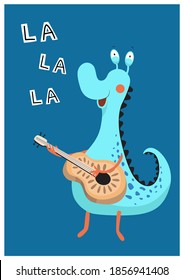 Funny cartoon monster with guitar is singing on a blue background. Vector illustration.