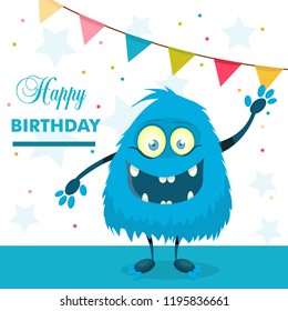 funny cartoon monster, happy birthday illustration