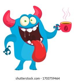 Funny cartoon monster having cup of coffee. Vector Halloween illustration
