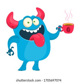 Funny cartoon monster having cup of coffee. Vector Halloween illustration