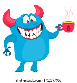 Funny cartoon monster having cup of coffee. Vector Halloween illustration