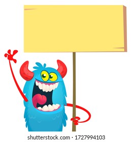 Funny cartoon monster holding blank wooden or paper board for text. Vector Halloween illustration.