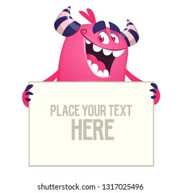 Funny cartoon monster holding empty paper sheet,  banner or sign board for text