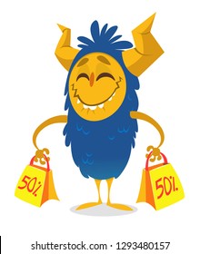 Funny cartoon monster holding tw discount bags from shopping. Vector illustration isolated