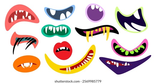 Funny cartoon monster mouth. Creature lips with teeth and fangs. Mouth masks for Halloween. Vector illustration isolated on white background.