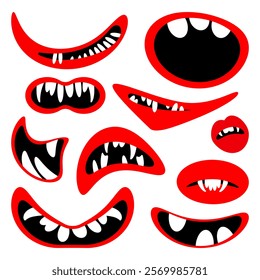 Funny cartoon monster mouth. Creature lips with teeth and fangs. Mouth masks for Halloween. Vector illustration isolated on white background.