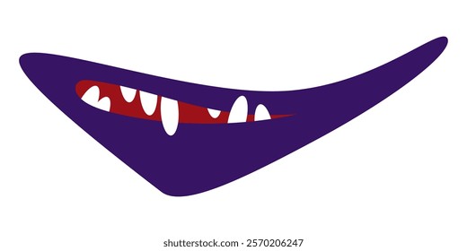 Funny cartoon monster mouth. Creature lips with teeth and fangs. Mouth mask for Halloween. Vector illustration isolated on white background.