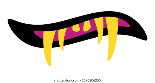 Funny cartoon monster mouth. Creature lips with teeth and fangs. Mouth mask for Halloween. Vector illustration isolated on white background.