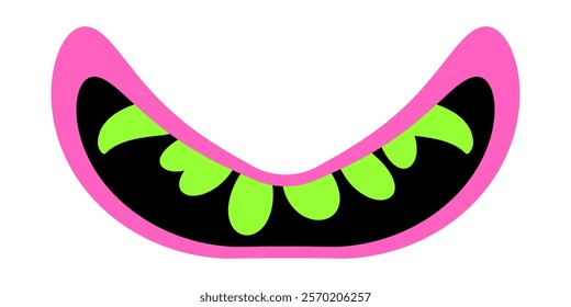 Funny cartoon monster mouth. Creature lips with teeth and fangs. Mouth mask for Halloween. Vector illustration isolated on white background.