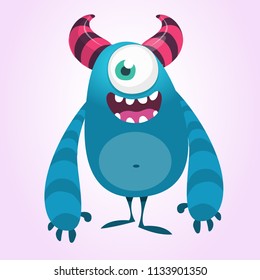 Funny cartoon monster with one eye. Vector blue monster illustration. Big set of Halloween characters