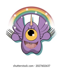 Funny cartoon monster with rainbow smiles. One eyed purple people eater with horn and wings. Cute design for kids. Isolated vector illustration on white background