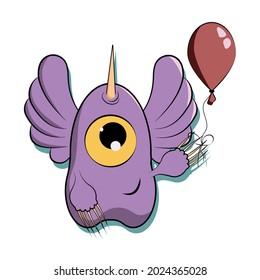Funny cartoon monster with red balloon. One eyed purple people eater with horn and wings. Cute isolated vector illustration on white background