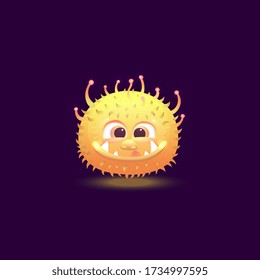 Funny cartoon monster with round shape, yellow color and hairy glowing skin smiling. Happy cute circle creature with sharp teeth in good mood, isolated vector illustration