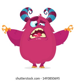 Funny cartoon monster screaming and waving hands. Vector illustration