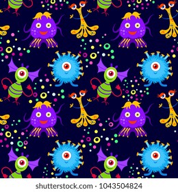 Funny cartoon monster seamless pattern on dark background. Background, fabric, wrapper, backdrop.Vector file not cropped -  clipping mask used for easy editing