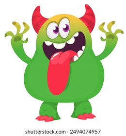 Funny cartoon monster showilng long tongue. Illustration of cute and happy alien creature for Halloween party decoration or package design. Vector isolated.