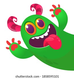 Funny cartoon monster showing tongue. Illustration of cute monster creature. Halloween design