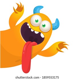 Funny cartoon monster showing tongue. Illustration of cute monster creature. Halloween design