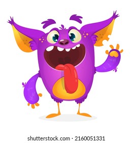 Funny cartoon monster showing tongue. Halloween Illustration of happy alien character. Package or logo design. Vector isolated