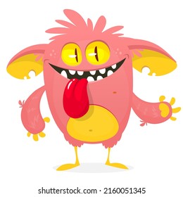 Funny cartoon monster showing tongue. Halloween Illustration of happy alien character. Package or logo design. Vector isolated