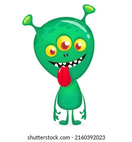 Funny cartoon monster showing tongue. Halloween Illustration of happy alien character. Package or logo design. Vector isolated